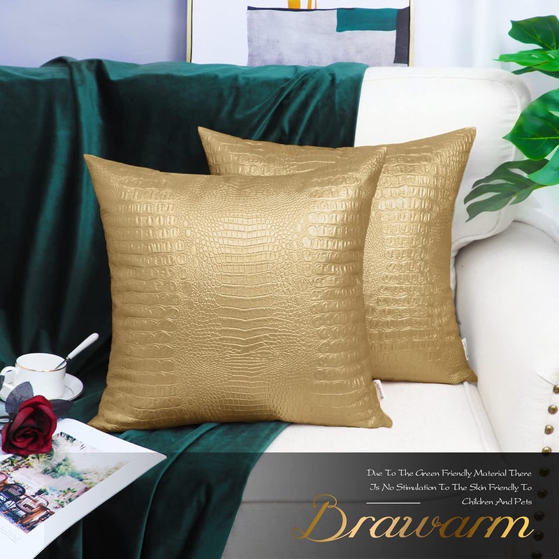 BRAWARM Faux Leather Pillow Covers 20 X 20 Inches, Gold Leather Pillow Covers Pack of 2, Crocodile Leather Decorative Throw Pillows for Living Room Couch Bed Sofa Home - Image 2